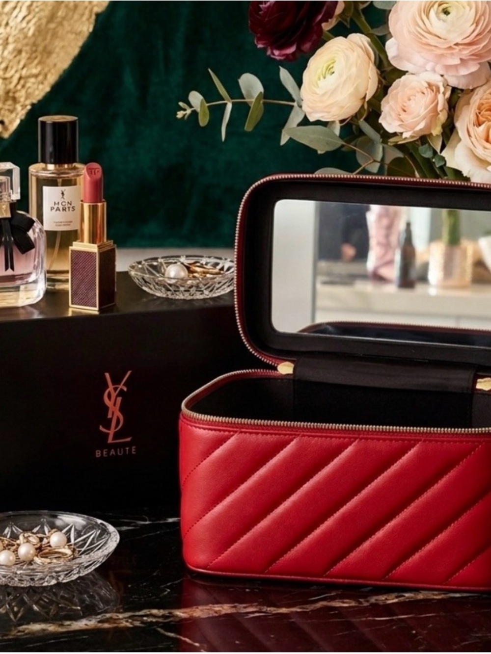 YSL Beauty Quilted Red Vanity with mini Candy Glaze Lip Gloss Stick NWT